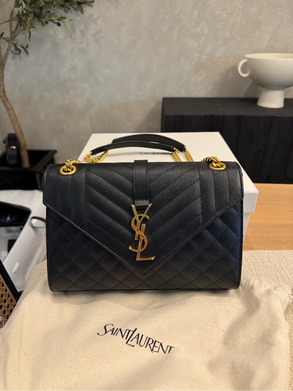 Saint Laurent Black Quilted Leather Envelope Shoulder Bag with Gold Hardware
